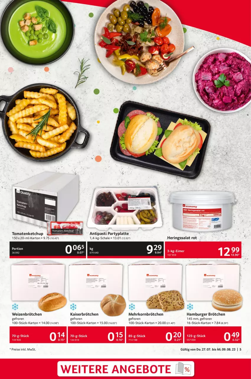 Aktueller Prospekt Selgros - Zehnsationell - von 27.07 bis 09.08.2023 - strona 5 - produkty: antipasti, asti, brötchen, burger, eis, hamburger, hamburger brötchen, Kaiser, ketchup, korn, latte, mehrkornbrötchen, reis, Schal, Schale, Ti, tomate, tomaten, tomatenketchup, weizenbrötchen