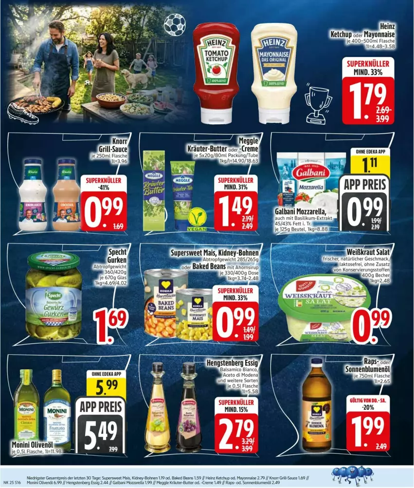 Aktueller Prospekt Edeka - Prospekte - von 15.06 bis 20.06.2026 - strona 20 - produkty: basilikum, beutel, blume, blumen, blumenöl, bohne, bohnen, butter, creme, deka, eis, flasche, galbani, heinz, ketchup, kidney, knorr, kräuter, kräuter-butter, mais, mayonnaise, meggle, mozzarella, reis, rel, sauce, sirup, sonnenblume, sonnenblumen, sonnenblumenöl, Yo