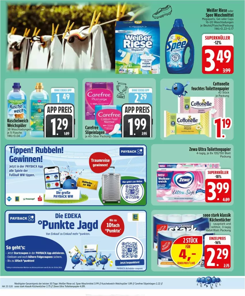 Aktueller Prospekt Edeka - Prospekte - von 15.06 bis 20.06.2026 - strona 24 - produkty: ball, beutel, Cap, cottonelle, deka, elle, feuchtes toilettenpapier, flasche, Fußball, küche, Küchen, küchentücher, Kuschelweich, megaperls, papier, payback, slip, slipeinlagen, spee, Spiele, Ti, toilettenpapier, tücher, waschmittel, weichspüler, zewa, ZTE
