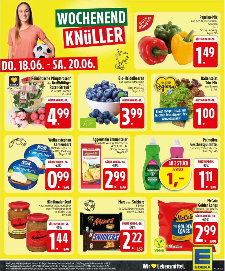 Aktueller Prospekt Edeka - Prospekte - von 15.06 bis 20.06.2026 - strona 27 - produkty: ball, beere, beeren, beutel, bio, eis, emmentaler, flasche, geschirr, geschirrspülmittel, Golden Longs, Hausmacher, heidelbeere, heidelbeeren, lebensmittel, mac, mars, mccain, olive, palmolive, paprika, Pfingstrosen, reis, rosen, salat, senf, snickers, spülmittel, Ti, tisch, weihenstephan, Weißwurst, wurst, ZTE