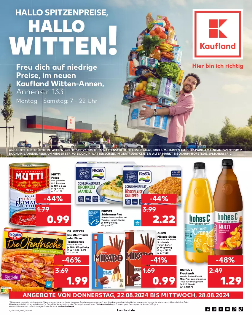 Aktueller Prospekt Kaufland - Umschlag - von 22.08 bis 28.08.2024 - strona 1 - produkty: Alaska-Seelachs, angebot, angebote, Brei, die ofenfrische, Dr. Oetker, eis, ente, filet, frosta, frucht, fruchtsaft, Hohes C, lachs, mikado, Mutti, Ofen, orange, orangen, orangensaft, pizza, pizza tradizionale, reis, rum, saft, schlemmerfilet, schoko, schokolade, Ti, tomate, tomaten, tradizionale, uhr, ZTE