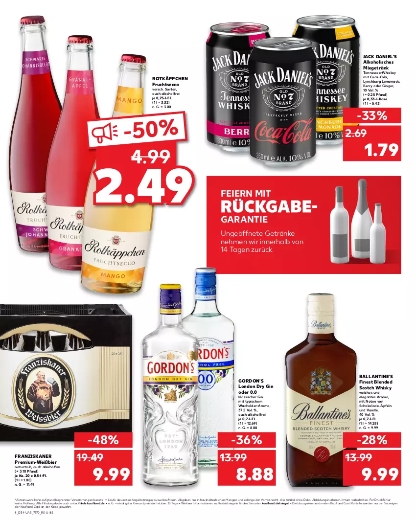 Aktueller Prospekt Kaufland - Umschlag - von 22.08 bis 28.08.2024 - strona 8 - produkty: alkohol, angebot, angebote, auer, ball, Ballantine's, beko, bier, blended scotch, blended scotch whisky, coca-cola, cola, coupon, coupons, discount, dry gin, ecco, eier, eis, erde, extra-rabatt, franziskaner, frucht, fruchtsecco, gefu, getränk, getränke, gewinnspiel, gin, ginger, gordon, gordon's, gutschein, jack daniel, jack daniel's, Laufen, lemonade, london dry, london dry gin, Mixgetränk, natur, reis, rotkäppchen, schoko, schokolade, scotch, scotch whisky, Spiele, Ti, vanille, whiskey, whisky, ZTE