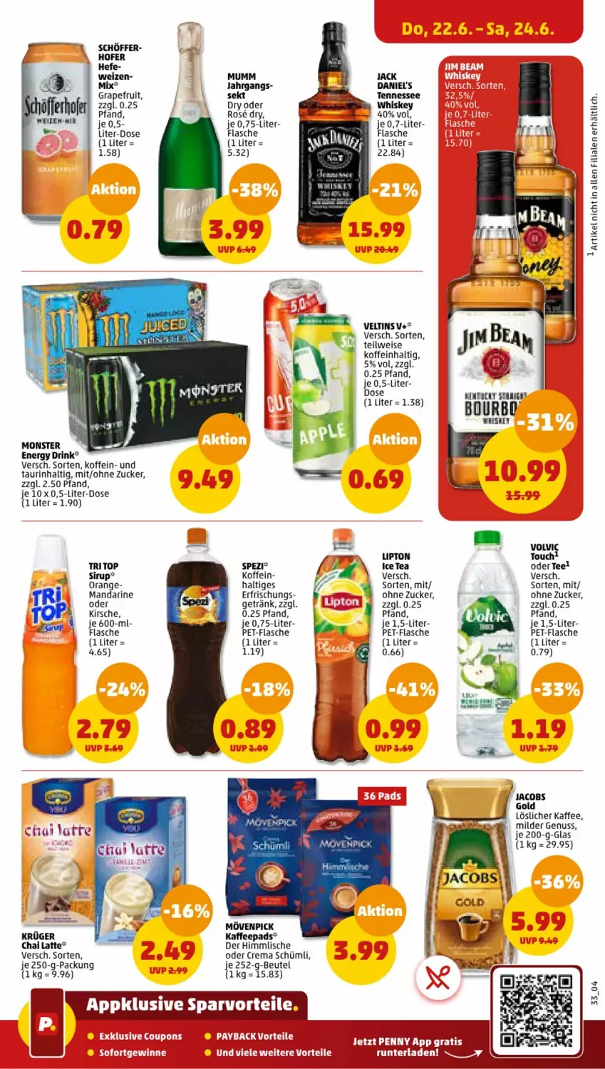 Aktueller Prospekt Penny - Prospekte - von 19.06 bis 24.06.2023 - strona 35 - produkty: beutel, coupon, coupons, drink, eis, energy drink, flasche, getränk, grapefruit, Hefe, ice tea, jack daniel, jack daniels, jacobs, Jacobs Gold, je 250-g-packung, kaffee, kaffeepads, kirsch, kirsche, krüger, latte, löslicher kaffee, mandarine, monster, Monster Energy, mumm, nuss, pet-flasche, rind, sekt, sirup, Spezi, tee, tennessee whiskey, Ti, veltins, whiskey, zucker