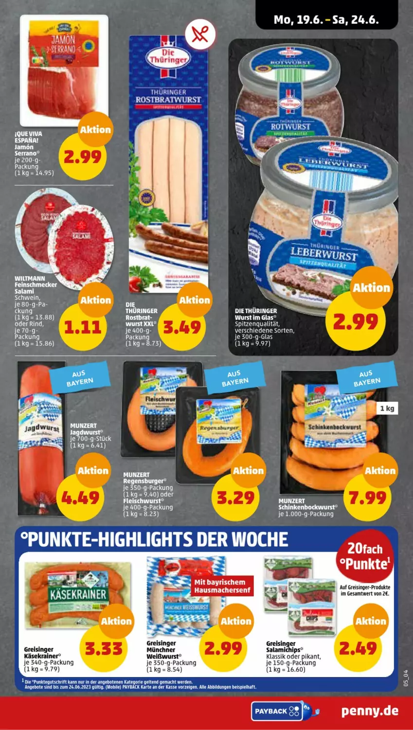 Aktueller Prospekt Penny - Prospekte - von 19.06 bis 24.06.2023 - strona 5 - produkty: bockwurst, chips, eis, feinschmecker, fleisch, fleischwurst, Käse, Käsekrainer, reis, salami, schinken, spitzenqualität, Ti, Weißwurst, wurst