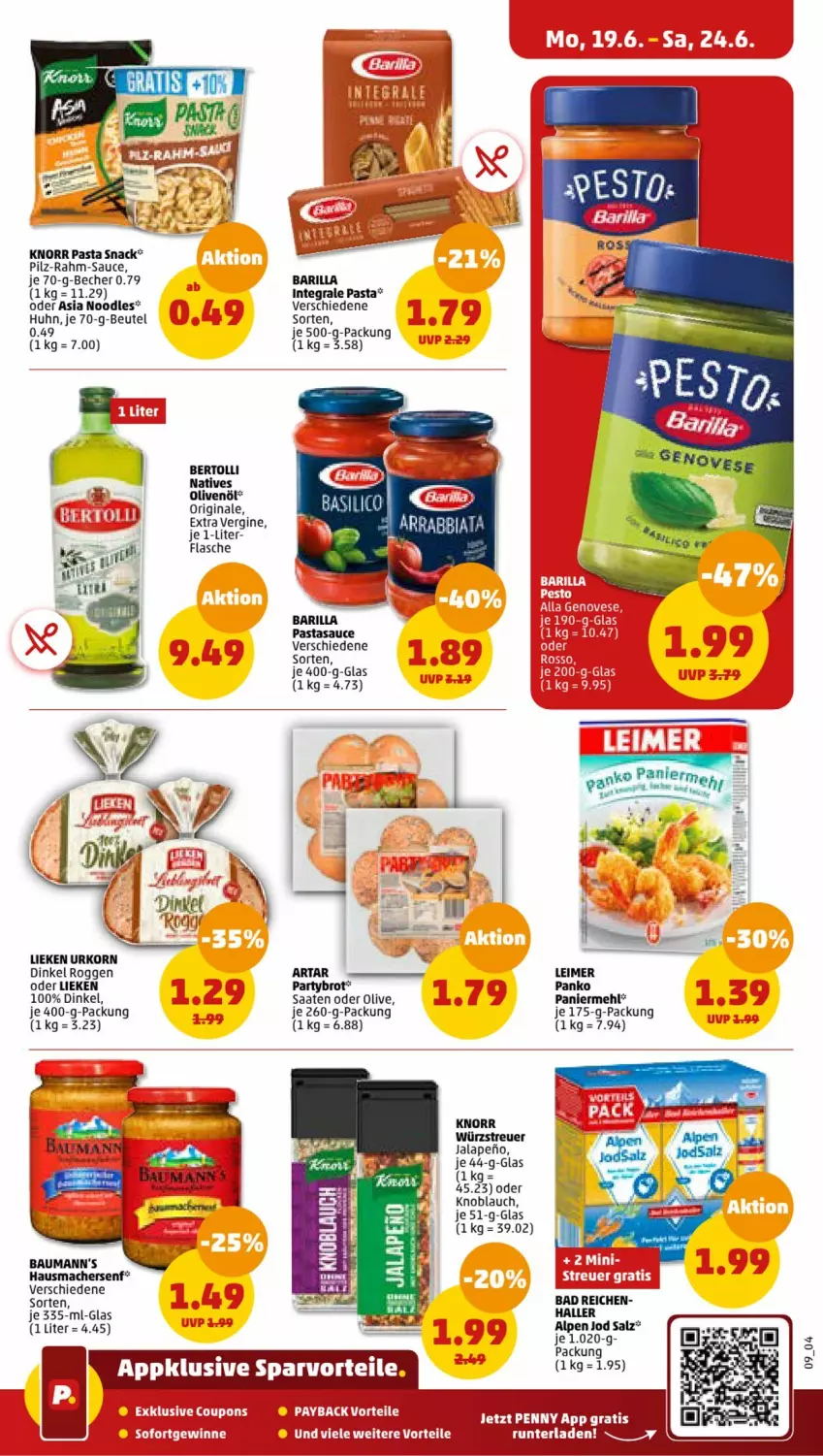 Aktueller Prospekt Penny - Prospekte - von 19.06 bis 24.06.2023 - strona 9 - produkty: Bad, barilla, Bau, Becher, bertolli, beutel, brot, eimer, flasche, gin, Hausmacher, knoblauch, knorr, knorr pasta, korn, leimer, lieken, mac, mehl, olive, oliven, olivenöl, Paniermehl, pasta, pasta snack, salz, sauce, senf, snack, Ti, urkorn