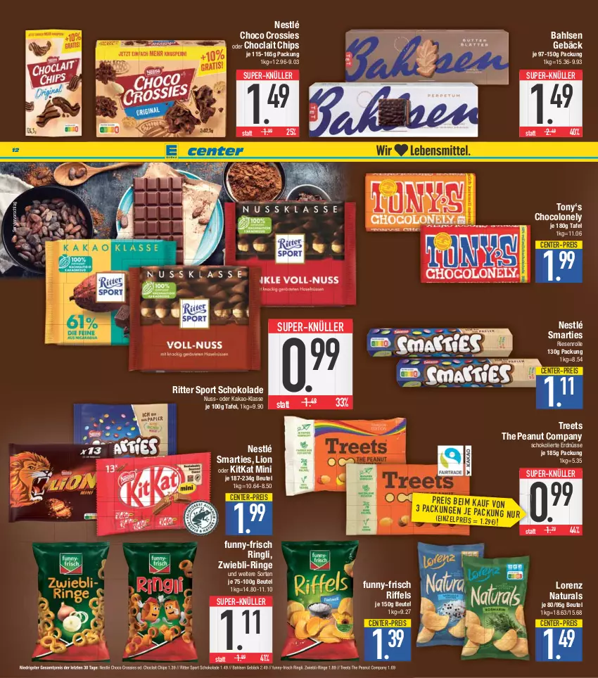 Aktueller Prospekt E Center - Angebote der Woche - von 03.04 bis 08.04.2023 - strona 12 - produkty: bahlsen, beutel, chips, choclait chips, choco crossies, crossies, eis, ente, erdnüsse, funny-frisch, kakao, kitkat, lion, lorenz, natur, natura, nestlé, nuss, reis, ring, ritter, ritter sport, schoko, schokolade, smarties, Sport, super-knüller, Ti, ZTE