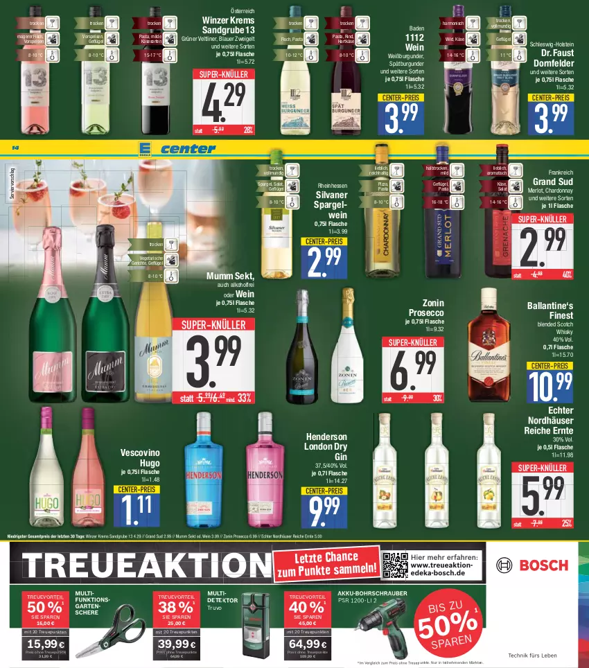 Aktueller Prospekt E Center - Angebote der Woche - von 03.04 bis 08.04.2023 - strona 14 - produkty: akku, akku-bohrschrauber, alkohol, auer, aust, Bad, ball, blauer zweigelt, blended scotch, blended scotch whisky, Bohrschrauber, bosch, burgunder, chardonnay, deka, dornfelder, dry gin, ecco, eis, enders, ente, fisch, flasche, Garten, Gartenschere, Geflügel, gin, grand sud, grüner veltliner, hartkäse, hugo, Käse, london dry, london dry gin, merl, merlot, mumm, pasta, pizza, prosecco, reis, rind, salat, Schere, scotch, scotch whisky, sekt, silvaner, spargel, spätburgunder, super-knüller, Ti, tisch, Vegeta, vescovino, vorspeise, wein, Weißburgunder, whisky, Wild, zonin, ZTE, Zweigelt