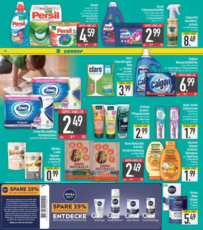 Aktueller Prospekt E Center - Angebote der Woche - von 03.04 bis 08.04.2023 - strona 18 - produkty: after shave, beutel, calgon, Cap, Coral, coupon, coupons, creme, decke, deka, dusche, eier, eis, ente, feinwaschmittel, flasche, garnier, geschirr, gesichtspflege, gin, insektenschutz, katzennahrung, kneipp, küche, Küchen, küchentücher, LG, natur, natura, nivea, Nivea Men, Odol, persil, pflegedusche, Rasierschaum, reis, sekt, shampoo, shampoo oder spülung, spülung, super-knüller, Ti, Trockennahrung, tücher, Wahre Schätze, waschgel, waschmittel, wasser, wasserenthärter, Wild, zahncreme, zewa, ZTE