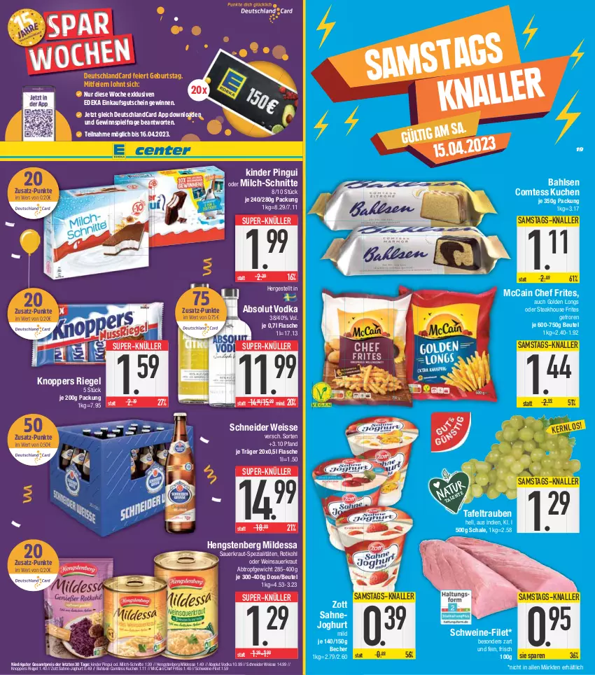 Aktueller Prospekt E Center - Angebote der Woche - von 03.04 bis 08.04.2023 - strona 19 - produkty: Absolut Vodka, auer, bahlsen, Becher, beutel, comtess, comtess kuchen, deka, deutschlandcard, eier, eis, filet, flasche, gewinnspiel, Golden Longs, gutschein, hengstenberg, joghur, joghurt, joghurt mild, Kinder, kinder pingui, knoppers, Kraut, kuchen, mccain, milch, milch-schnitte, pingui, reis, riegel, rotkohl, sahne, Sahnejoghurt, Sauerkraut, Schal, Schale, schwein, schweine, schweine-filet, Spezi, steak, super-knüller, tafeltrauben, trauben, vodka, wein, weine, Weinsauerkraut, zott, ZTE