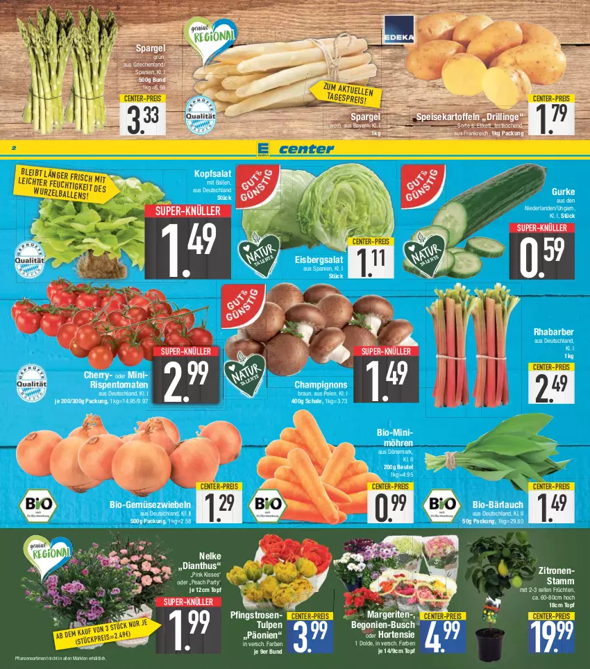 Aktueller Prospekt E Center - Angebote der Woche - von 03.04 bis 08.04.2023 - strona 2 - produkty: ball, Begonie, beutel, bio, Bio-Gemüse, braun, champignon, champignons, champignons braun, eis, eisbergsalat, ente, früchte, früchten, Gemüsezwiebel, gurke, hortensie, kartoffel, kartoffeln, kopfsalat, möhren, Pfingstrosen, pflanze, pflanzen, reifen, reis, rhabarber, rispentomaten, rosen, salat, Schal, Schale, spargel, spargel grün, speisekartoffeln, super-knüller, Ti, tomate, tomaten, topf, zitrone, zitronen, zwiebel, zwiebeln