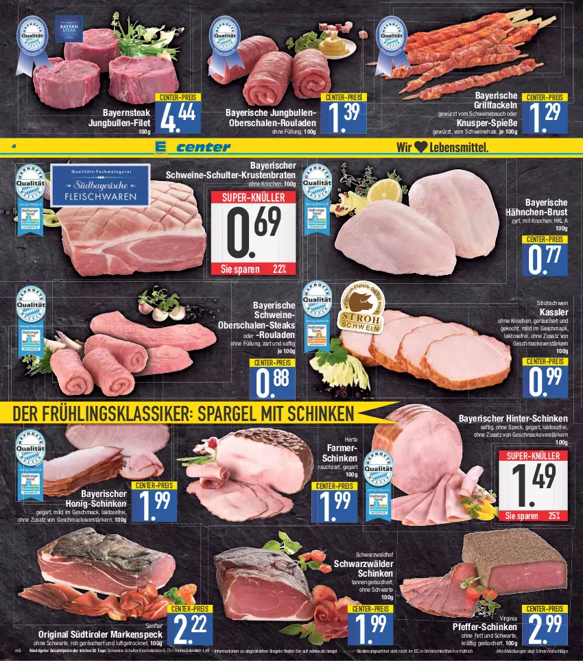 Aktueller Prospekt E Center - Angebote der Woche - von 03.04 bis 08.04.2023 - strona 4 - produkty: Bau, braten, deka, eis, ente, farmerschinken, filet, fleisch, gewürz, gin, grill, grillfackeln, herta, honig, jungbullen, krustenbraten, mac, pfeffer, Rauch, reis, rouladen, saft, Schal, Schale, schinken, schwarzwälder schinken, schwein, schweine, Schweinebauch, Schweineoberschale, senf, spargel, Speck, steak, steaks, südtiroler, super-knüller, Ti, wein, weine, ZTE