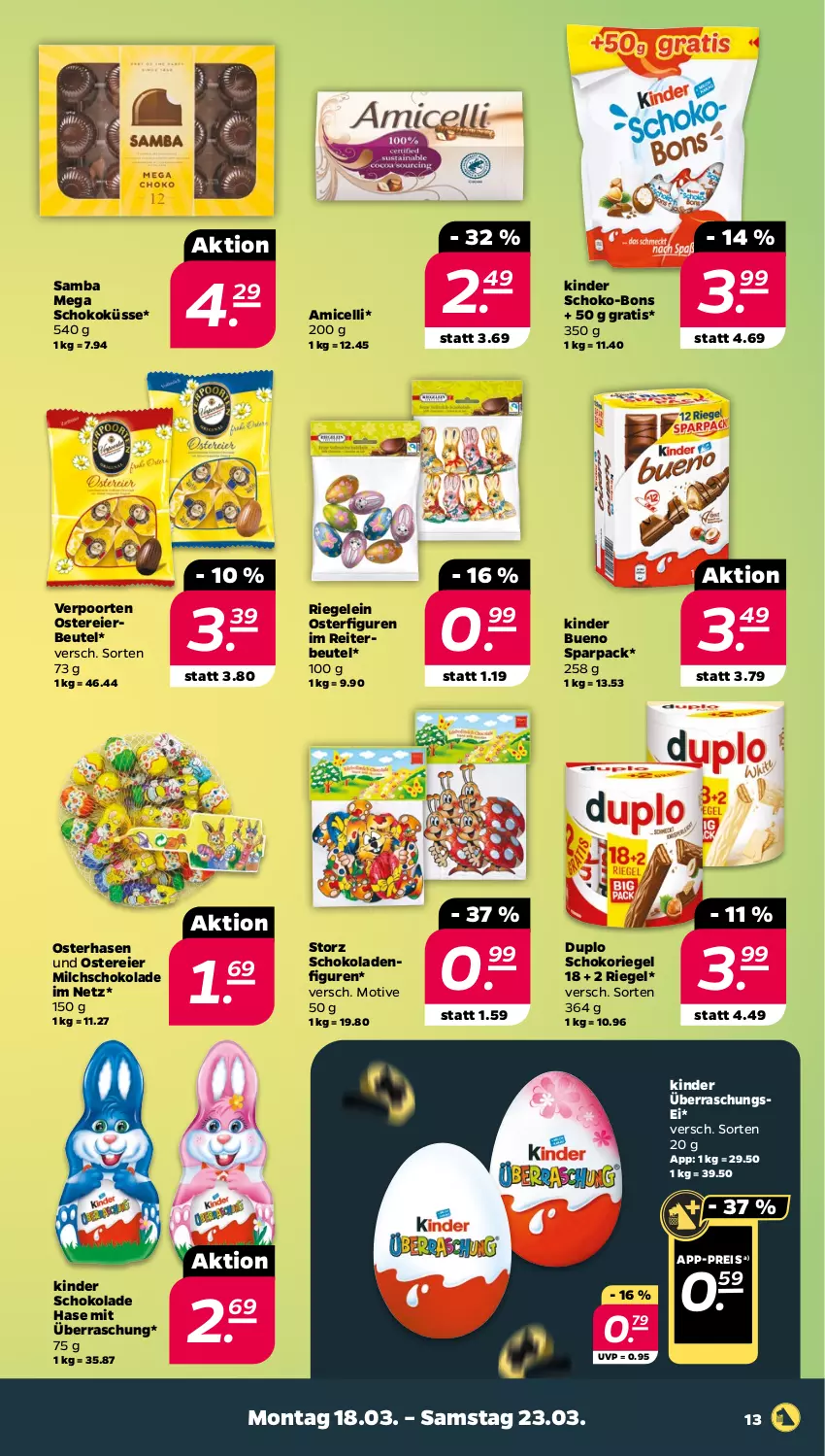 Aktueller Prospekt Netto - Woche 12 - von 18.03 bis 23.03.2024 - strona 13 - produkty: amicelli, beutel, duplo, eier, eis, Kinder, kinder bueno, kinder schokolade, milch, reis, riegel, schoko, schoko-bons, schokolade, schokoladen, schokoriegel, Ti, verpoorten