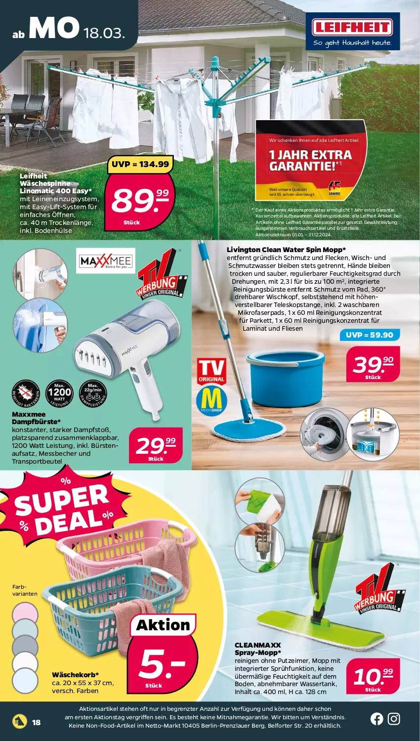 Aktueller Prospekt Netto - Woche 12 - von 18.03 bis 23.03.2024 - strona 18 - produkty: auer, Becher, beutel, bürste, bürsten, cleanmaxx, eimer, eis, korb, laminat, leifheit, leine, Messbecher, mikrofaser, Rauch, Reinigung, reinigungsbürste, Ria, Sport, Teleskop, Ti, wäschekorb, wäschespinne, wasser, wassertank, ZTE