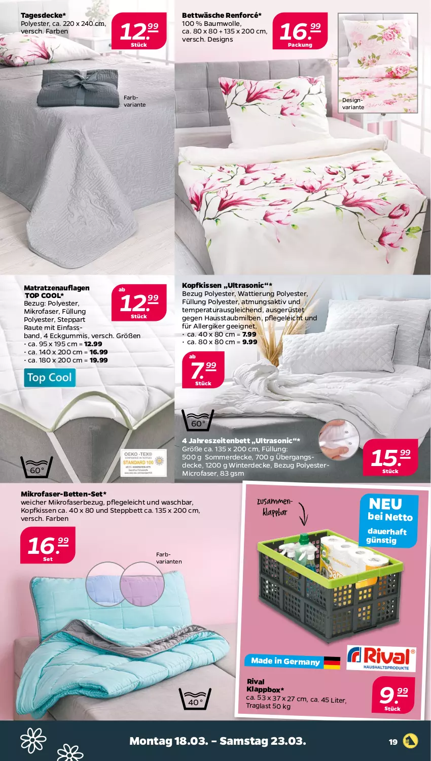 Aktueller Prospekt Netto - Woche 12 - von 18.03 bis 23.03.2024 - strona 19 - produkty: auer, Bau, baumwolle, bett, Betten, bettwäsche, decke, erde, Germ, kissen, Klappbox, kopfkissen, matratze, matratzen, matratzenauflage, mikrofaser, Ria, steppbett, tagesdecke, Ti, wolle