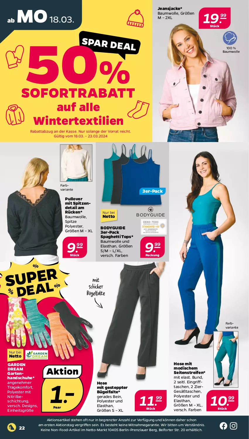 Aktueller Prospekt Netto - Woche 12 - von 18.03 bis 23.03.2024 - strona 22 - produkty: auer, Bau, baumwolle, body, bügel, Garten, handschuhe, hose, Jacke, jeans, Jeansjacke, Pullover, reifen, Ria, schuhe, sofortrabatt, spaghetti, Tasche, taschen, Ti, wolle, ZTE