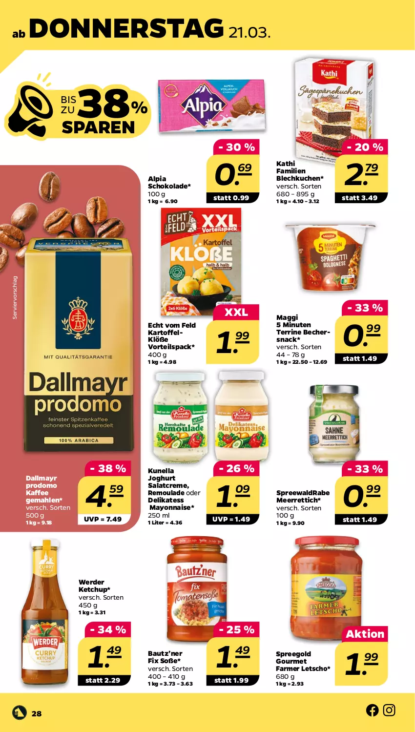 Aktueller Prospekt Netto - Woche 12 - von 18.03 bis 23.03.2024 - strona 28 - produkty: alpia, Bau, Becher, creme, dallmayr, dallmayr prodomo, erde, joghur, joghurt, kaffee, kartoffel, Kartoffelklöße, ketchup, kuchen, Letscho, maggi, mayonnaise, meerrettich, prodomo, remoulade, Rettich, salat, salatcreme, schoko, schokolade, snack, Soße, terrine, Ti, Yo