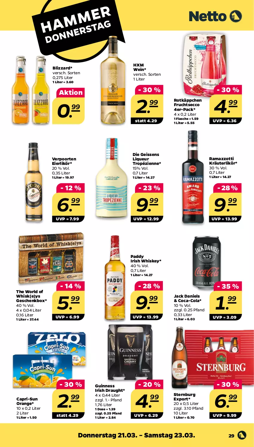 Aktueller Prospekt Netto - Woche 12 - von 18.03 bis 23.03.2024 - strona 29 - produkty: Blizzard, Cap, capri-sun, coca-cola, cola, ecco, eier, eierlikör, eis, flasche, frucht, fruchtsecco, Geschenkbox, Guinness, irish whiskey, jack daniel, jack daniels, kräuter, kräuterlikör, likör, liqueur, orange, rama, ramazzott, ramazzotti, rotkäppchen, Sternburg, Ti, verpoorten, wein, whiskey, zott