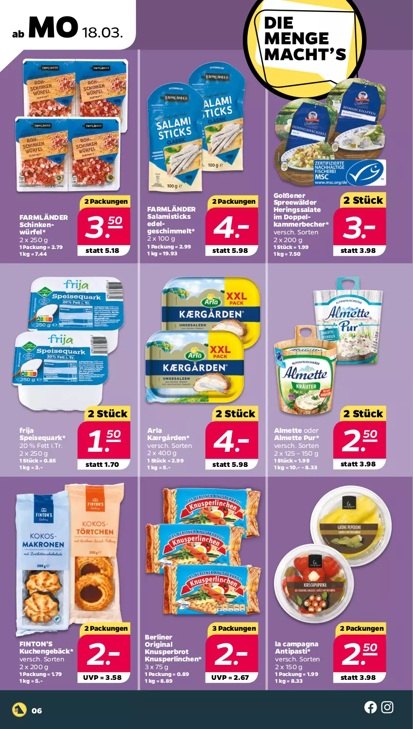 Aktueller Prospekt Netto - Woche 12 - von 18.03 bis 23.03.2024 - strona 6 - produkty: almette, antipasti, arla, asti, Becher, berliner, brot, eis, gin, hering, Herings, Kærgården, Knusperlinchen, kuchen, LG, Mett, quark, ring, salami, salat, salate, schinken, speisequark, spreewälder, Ti, würfel