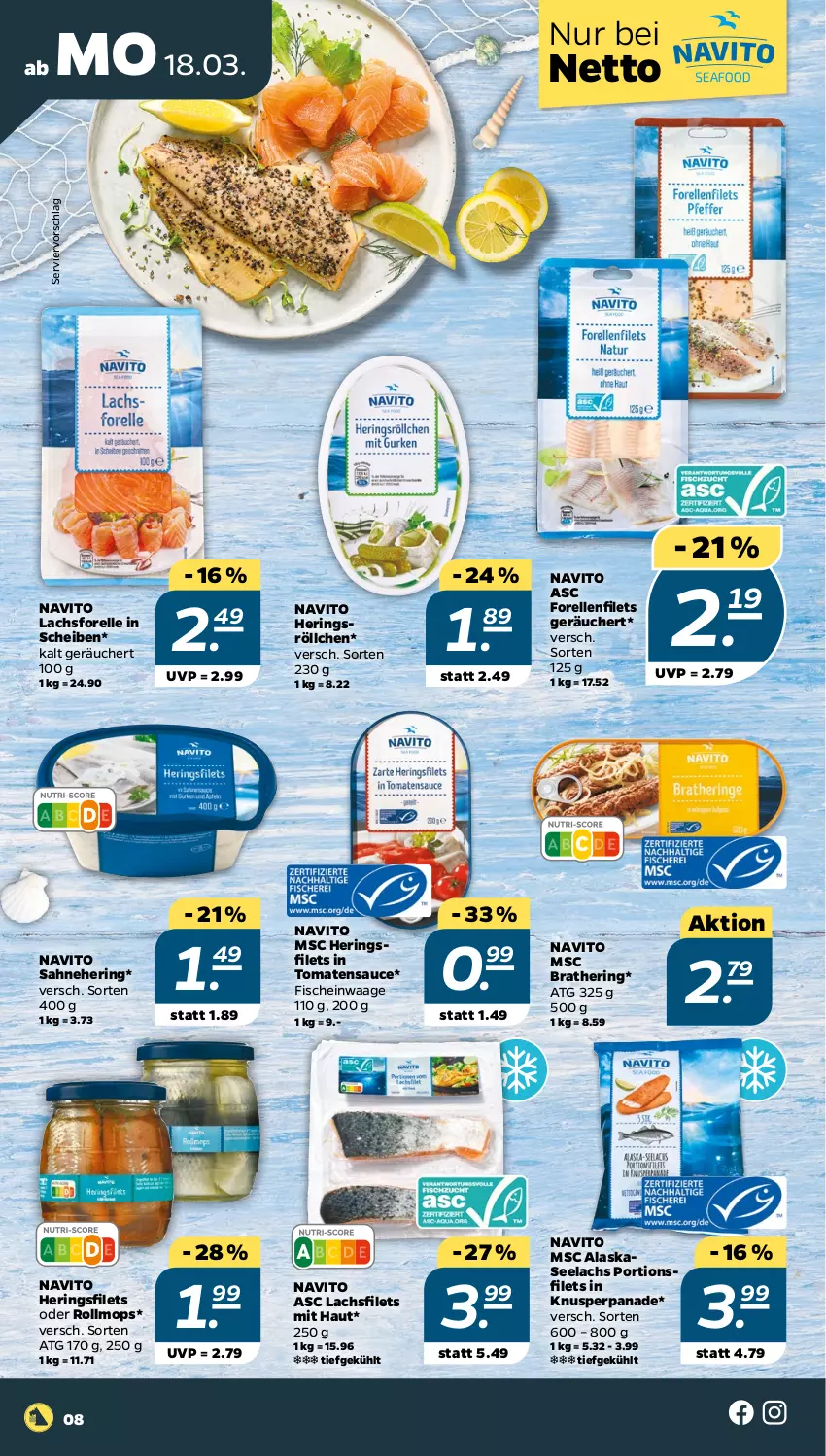 Aktueller Prospekt Netto - Woche 12 - von 18.03 bis 23.03.2024 - strona 8 - produkty: elle, filet, filets, fisch, fische, forelle, hering, Herings, heringsfilets, lachs, lachsfilet, lachsfilets, rel, ring, sahne, sauce, Ti, tomate, tomaten, tomatensauce, Waage