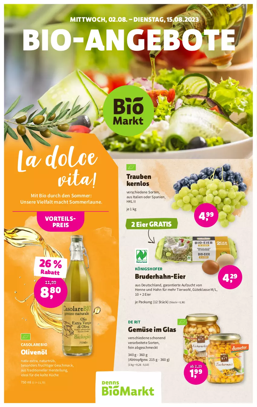 Aktueller Prospekt Denns Biomarkt - Prospekte - von 02.08 bis 15.08.2023 - strona 1 - produkty: angebot, angebote, bio, eier, eis, elle, frucht, küche, mac, merl, natur, olive, oliven, olivenöl, reis, Ti, trauben, vita, vorteilspreis