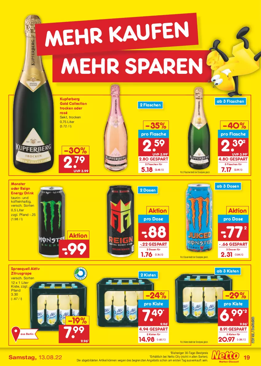 Aktueller Prospekt Netto Marken-Discount - Filial-Angebote - von 08.08 bis 13.08.2022 - strona 19 - produkty: angebot, bestpreis, drink, eis, energy drink, flasche, monster, reis, sekt, Spreequell, Ti, ZTE