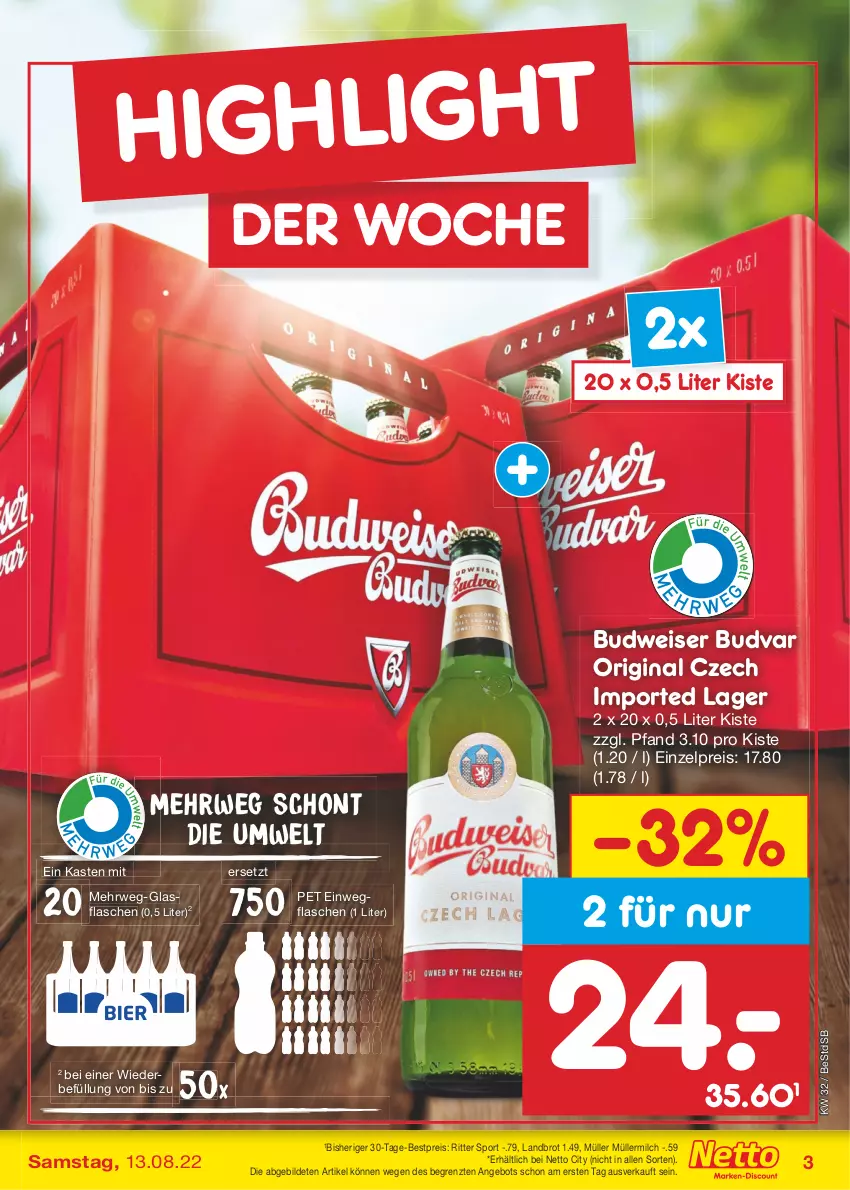 Aktueller Prospekt Netto Marken-Discount - Filial-Angebote - von 08.08 bis 13.08.2022 - strona 3 - produkty: angebot, bestpreis, brot, budweiser, eis, flasche, gin, glasflasche, milch, Müller, müllermilch, reis, ritter, ritter sport, rwe, Sport, Ti, ZTE