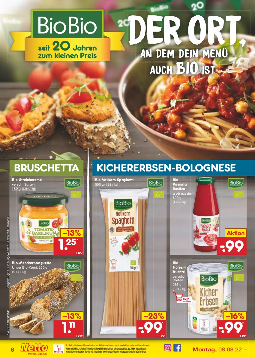 Aktueller Prospekt Netto Marken-Discount - Filial-Angebote - von 08.08 bis 13.08.2022 - strona 6 - produkty: angebot, backofen, baguette, bio, bolognese, creme, eis, erbsen, früchte, hülsenfrüchte, kichererbsen, korn, ndk, Ofen, reis, senf, spaghetti, Ti, versandkostenfrei