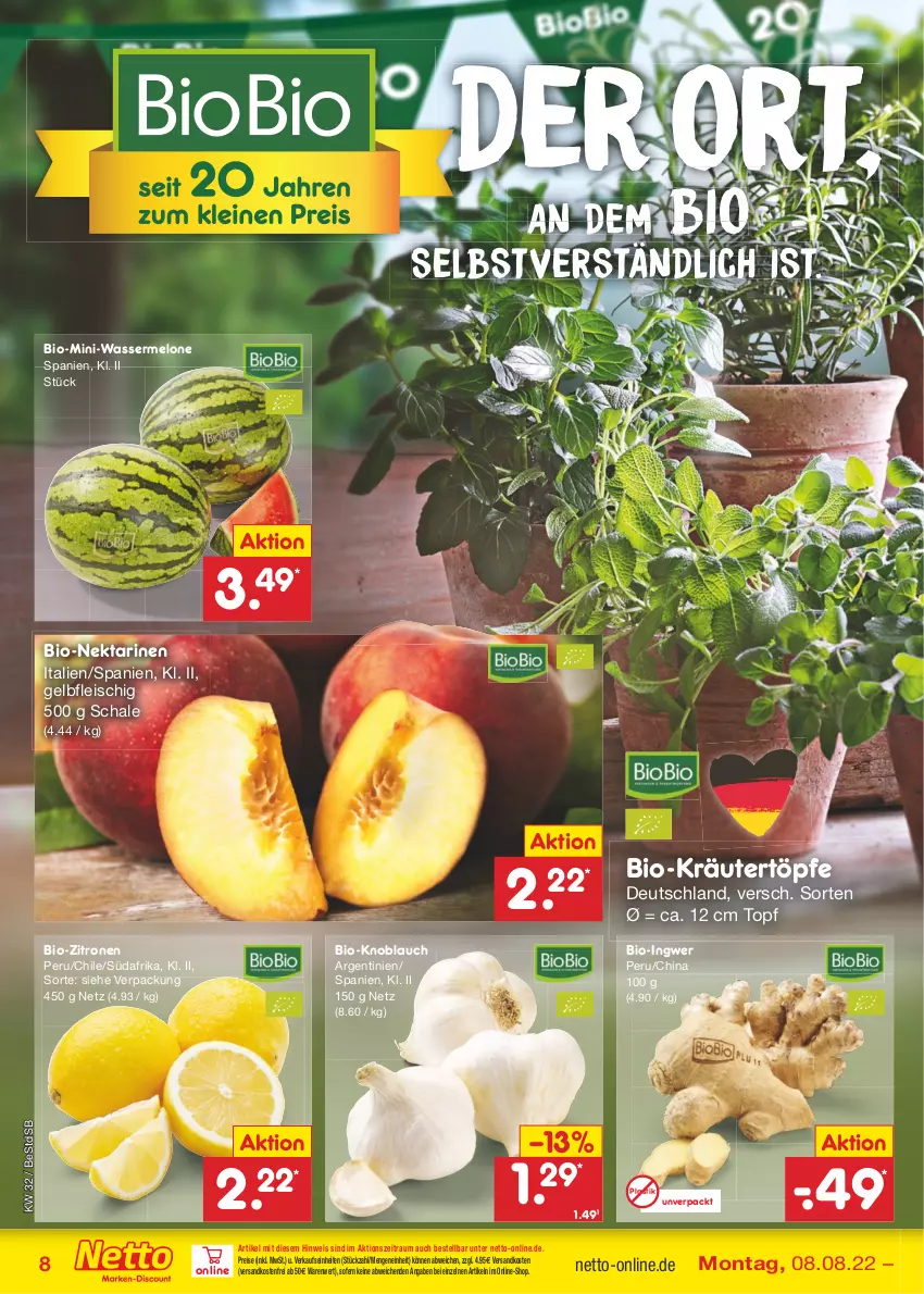 Aktueller Prospekt Netto Marken-Discount - Filial-Angebote - von 08.08 bis 13.08.2022 - strona 8 - produkty: asti, bio, bio-zitronen, eis, fleisch, ingwer, knoblauch, kräuter, melone, ndk, Nektar, nektarinen, reis, Schal, Schale, Ti, topf, versandkostenfrei, wasser, wassermelone, zitrone, zitronen