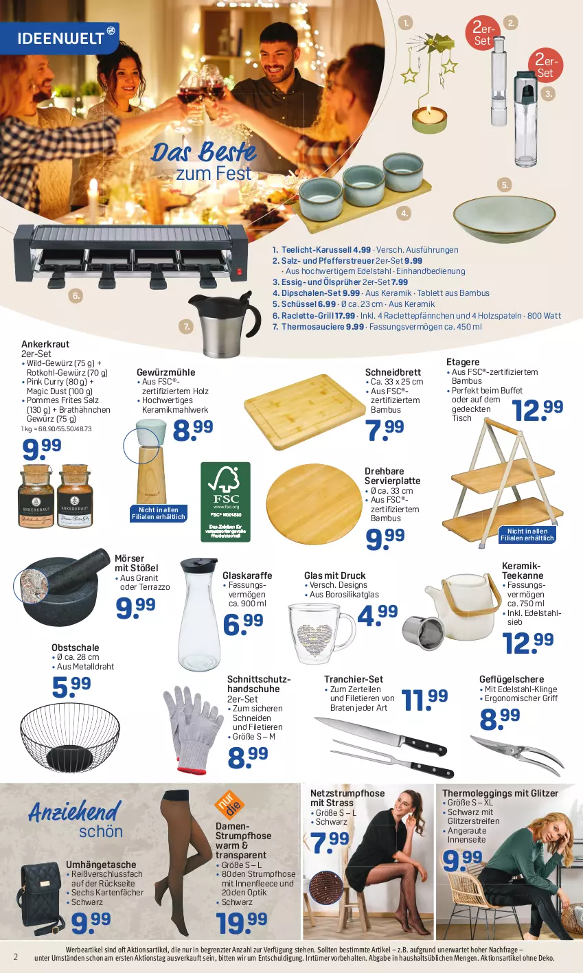 Aktueller Prospekt Rossmann - Prospekte - von 11.12 bis 15.12.2023 - strona 2 - produkty: bambus, braten, curry, dip, Dipschale, Draht, edelstahl, essig, Etagere, filet, Geflügel, gewürz, Gewürzmühle, gin, glaskaraffe, grill, handschuhe, Holz, hose, Karaffe, Kraut, latte, leggings, obst, pfeffer, Pfefferstreuer, pommes, Pommes Frites, reifen, rotkohl, rum, salz, Schal, Schale, Schere, schuhe, schüssel, Strumpfhose, tablet, tablett, Tasche, tee, teekanne, Teelicht, Thermoleggings, Ti, Tiere, tisch, umhängetasche, Wild, ZTE