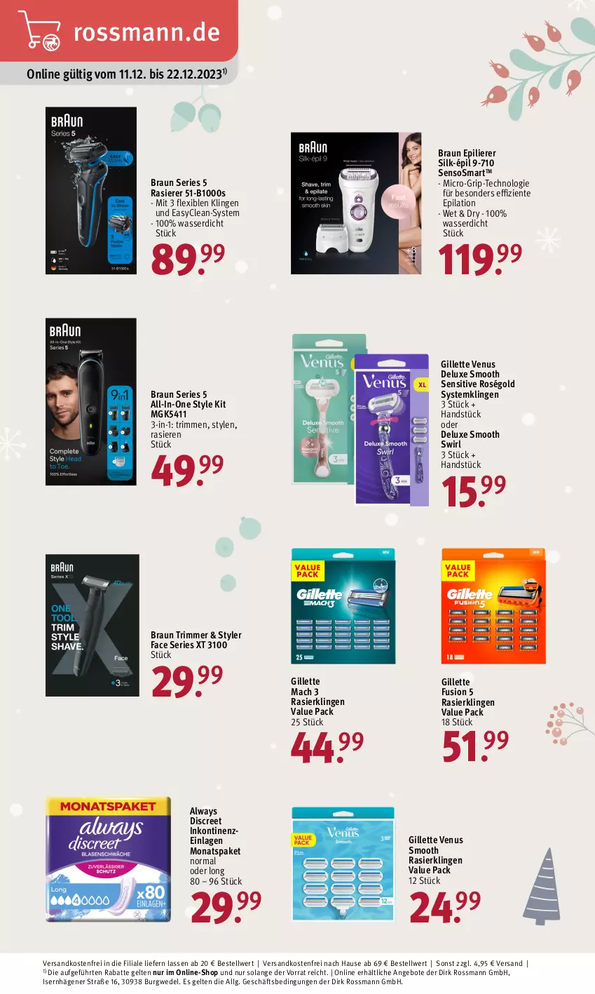 Aktueller Prospekt Rossmann - Prospekte - von 11.12 bis 15.12.2023 - strona 23 - produkty: Alwa, Always, angebot, angebote, braun, Discreet, ente, epilierer, gillette, gillette venus, LG, mac, ndk, rasierer, Rasierklinge, rasierklingen, swirl, Systemklingen, Ti, venus, versandkostenfrei, wasser, wedel