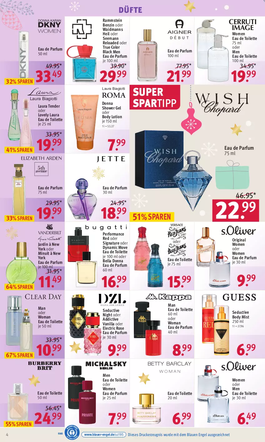 Aktueller Prospekt Rossmann - Prospekte - von 11.12 bis 15.12.2023 - strona 4 - produkty: auer, body, body lotion, drucker, Eau de parfum, eau de parfum 30 ml, eau de parfum 50 ml, eau de toilette, eau de toilette 100 ml, eau de toilette 50 ml, Engel, gin, kerze, lack, laura biagiotti, Lotion, natur, parfum, rel, spartipp, tender, Ti, Yo