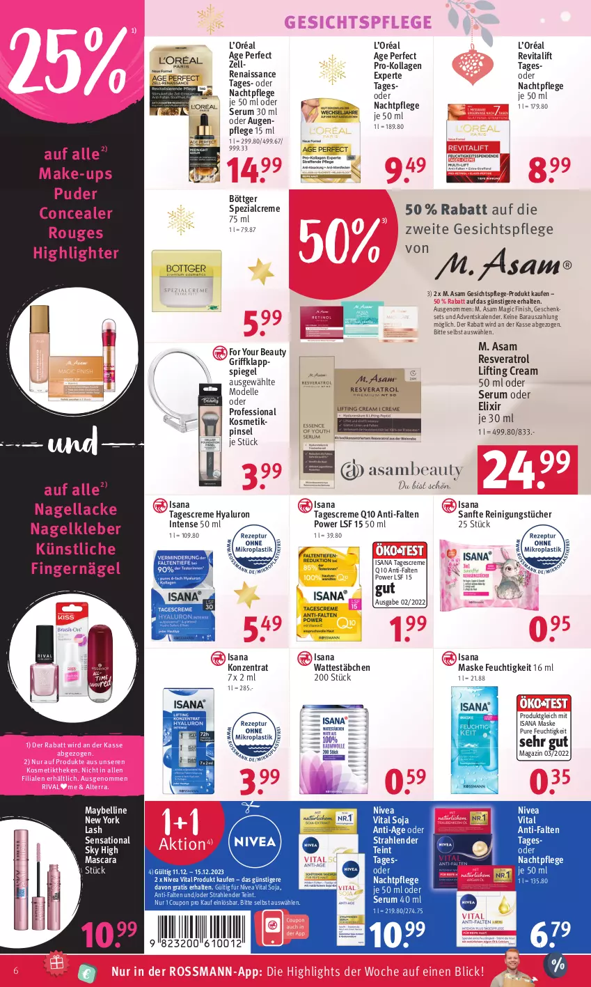 Aktueller Prospekt Rossmann - Prospekte - von 11.12 bis 15.12.2023 - strona 6 - produkty: Adventskalender, alterra, Augenpflege, coupon, creme, dell, elle, Finish, For Your Beauty, geschenkset, gesichtspflege, hyaluron, isana, kleber, Kollagen, kosmetik, lack, Lacke, magazin, Make-up, Mascara, Maske, Maybelline, Mode, nachtpflege, Nagellack, nivea, Pinsel, Q10, Reinigung, reinigungstücher, Revital, revitalift, rouge, rum, sana, Serum, soja, Spezi, spiegel, tagescreme, Ti, tücher, vita, Wattestäbchen, Yo