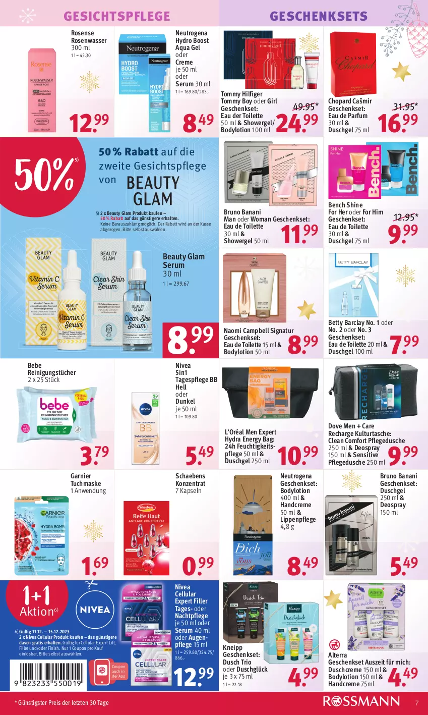 Aktueller Prospekt Rossmann - Prospekte - von 11.12 bis 15.12.2023 - strona 7 - produkty: alterra, aqua, Augenpflege, Bebe, bett, body, bodylotion, bruno banani, chopard, coupon, creme, deo, deospray, deospray 150 ml, dove, duschcreme, dusche, duschgel, Eau de parfum, eau de parfum 30 ml, eau de toilette, eau de toilette 30 ml, eis, feuchtigkeitspflege, Finish, garnier, geschenkset, gesichtspflege, handcreme, kneipp, Lippenpflege, Lotion, Maske, nachtpflege, Naomi Campbell, natur, neutrogena, nivea, parfum, pflegedusche, Reinigung, reinigungstücher, reis, rosen, Rosenwasser, rum, Schaebens, Serum, Tagespflege, Tasche, Ti, tommy hilfiger, tuc, tücher, tuchmaske, wasser, ZTE