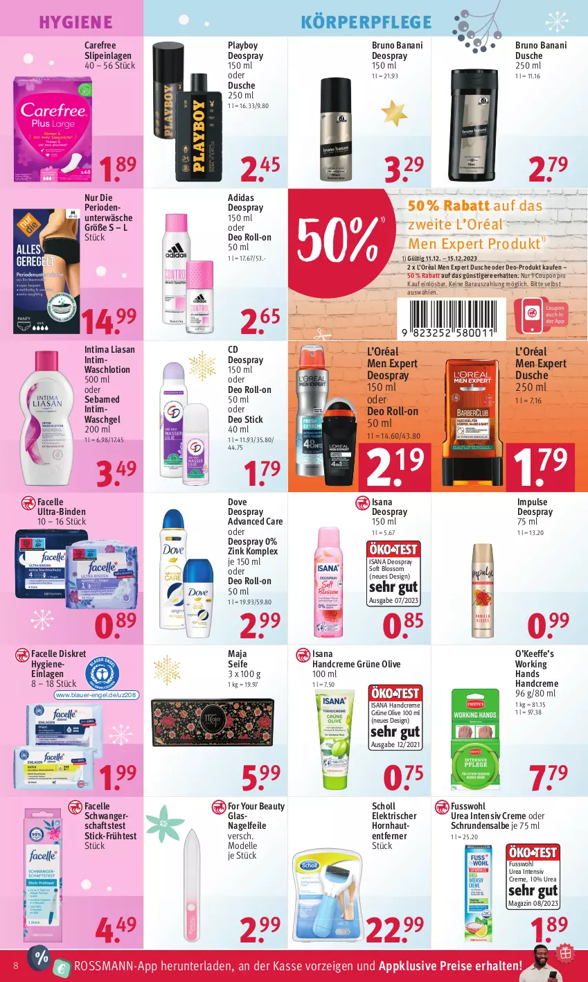 Aktueller Prospekt Rossmann - Prospekte - von 11.12 bis 15.12.2023 - strona 8 - produkty: Adidas, auer, binden, bruno banani, carefree, coupon, creme, dell, deo, deo roll-on, deospray, deospray 150 ml, dove, dusche, eis, elle, Engel, Facelle, For Your Beauty, Fusswohl, handcreme, isana, körperpflege, Lotion, magazin, Mode, Nagelfeile, oder deo roll-on, oder deospray, olive, Playboy, reis, roll-on, sana, scholl, Schwangerschaftstest, sebamed, Seife, slip, slipeinlagen, Ti, Ultra-Binden, Unterwäsche, waschgel, Waschlotion, Yo