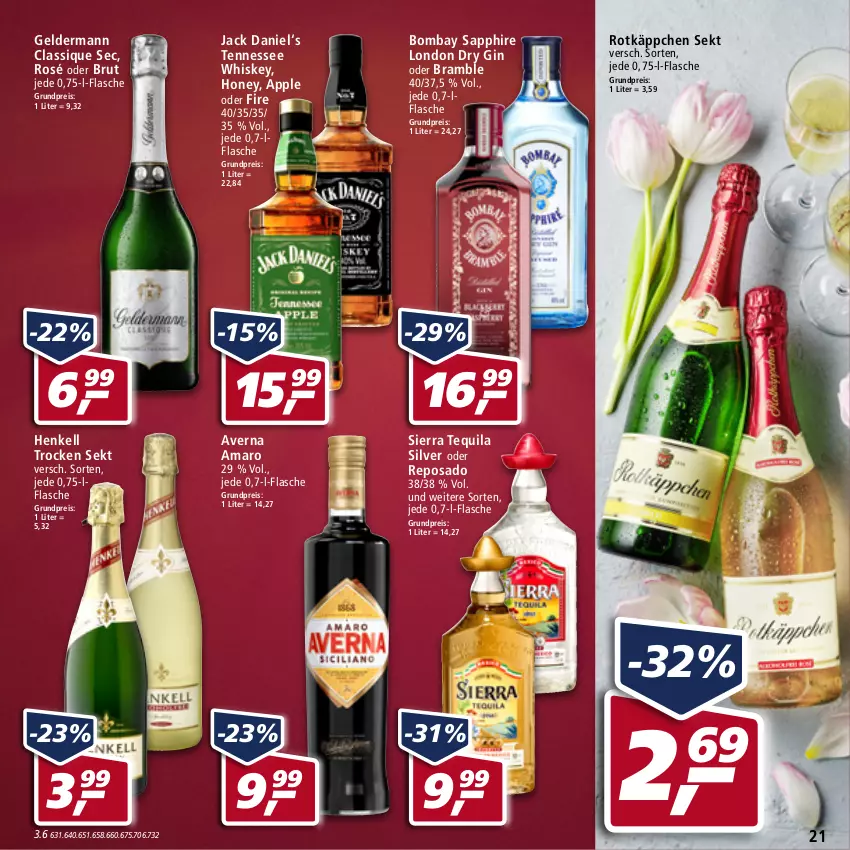 Aktueller Prospekt Real - Real Handzettel - von 21.02 bis 26.02.2022 - strona 21 - produkty: amaro, Apple, averna, bombay sapphire, brut, dry gin, eis, flasche, geldermann, gin, henkel, henkell, Henkell Trocken, jack daniel, london dry, london dry gin, reis, rotkäppchen, sapphire, sekt, Sierra, sierra tequila, tennessee whiskey, tequila, whiskey