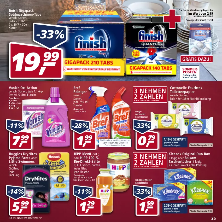 Aktueller Prospekt Real - Real Handzettel - von 21.02 bis 26.02.2022 - strona 25 - produkty: balsam, bio, Bref, cottonelle, DryNites, eis, elle, feuchtes toilettenpapier, Finish, flasche, gin, hipp, Huggies, Maschinenpfleger, oxi action, Pants, papier, Pyjama, reiniger, reis, säfte, spülmaschinen, Tasche, taschen, taschentücher, Ti, Tiere, toilettenpapier, tücher, vanish, vanish oxi action