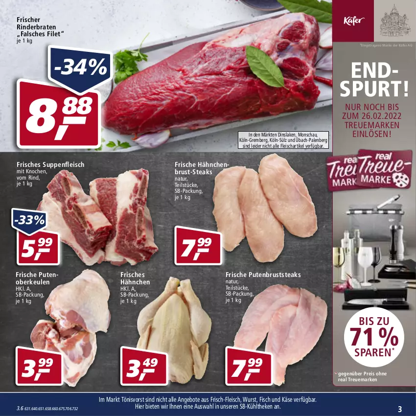 Aktueller Prospekt Real - Real Handzettel - von 21.02 bis 26.02.2022 - strona 3 - produkty: angebot, angebote, braten, eis, Falsches Filet, filet, fisch, fleisch, Frische Hähnchen, hähnchenbrust, käfer, Käse, natur, pute, putenbrust, Putenoberkeule, reis, rind, rinder, rinderbraten, steak, steaks, suppe, suppen, suppenfleisch, Ti, wurst