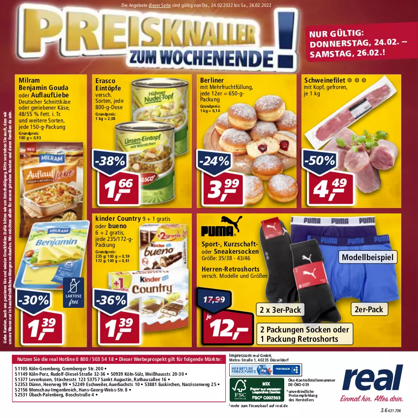 Aktueller Prospekt Real - Real Handzettel - von 21.02 bis 26.02.2022 - strona 48 - produkty: angebot, angebote, auer, Berger, berliner, bosch, dell, deutscher schnittkäse, Diesel, eintöpfe, eis, elle, erasco, filet, frucht, gouda, Käse, Kinder, kinder country, LG, Metro, milram, Mode, Narzissen, payback, reis, retroshorts, rwe, schnittkäse, schwein, schweine, schweinefilet, shorts, sneaker, sneakersocken, socken, Sport, teller, Ti, wein, weine