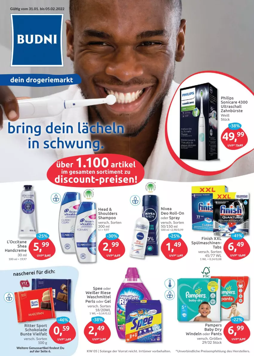 Aktueller Prospekt Budni - Prospekte - von 31.01 bis 05.02.2022 - strona 1 - produkty: bürste, creme, deo, deo roll-on, eis, elle, Finish, handcreme, nivea, nuss, pampers, Pants, Philips, Reinigung, reis, ring, ritter, ritter sport, roll-on, Schal, Schere, schoko, schokolade, shampoo, sonicare, spee, Sport, spülmaschinen, teller, Ti, waschmittel, windeln, windeln oder pants, zahnbürste