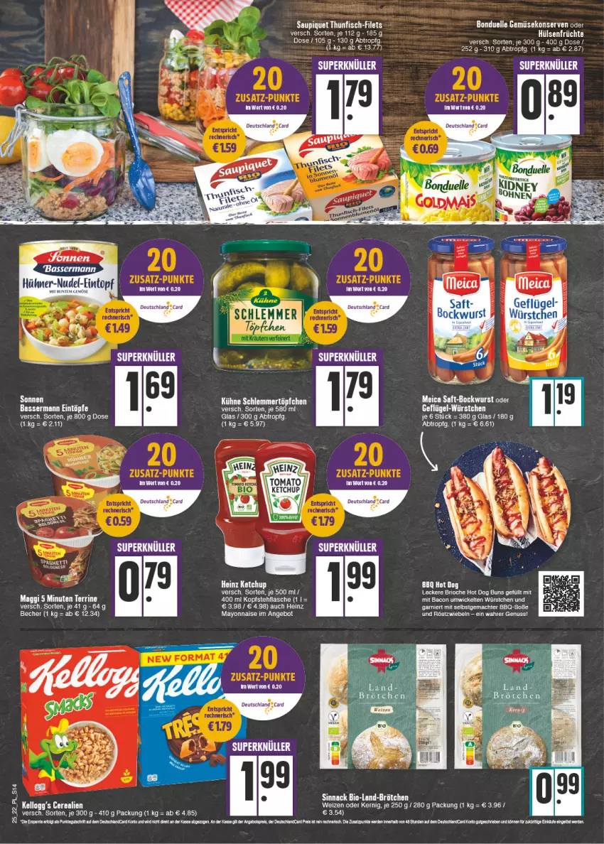 Aktueller Prospekt E Center - Angebote der Woche - von 20.06 bis 25.06.2022 - strona 14 - produkty: angebot, bacon, Bau, Becher, bio, bockwurst, bonduelle, brötchen, cerealien, eintopf, eintöpfe, elle, filet, filets, fisch, flasche, früchte, garnier, Geflügel, Gemüsekonserve, hot dog, Hot Dog Buns, hühner, hülsenfrüchte, Konserven, mac, maggi, mayonnaise, meica, nudel, nuss, röstzwiebeln, saft, saupiquet, senf, sinnack, Soße, tee, terrine, thunfisch, Ti, Tiere, topf, WICK, wurst, würstchen, Yo, zwiebel, zwiebeln