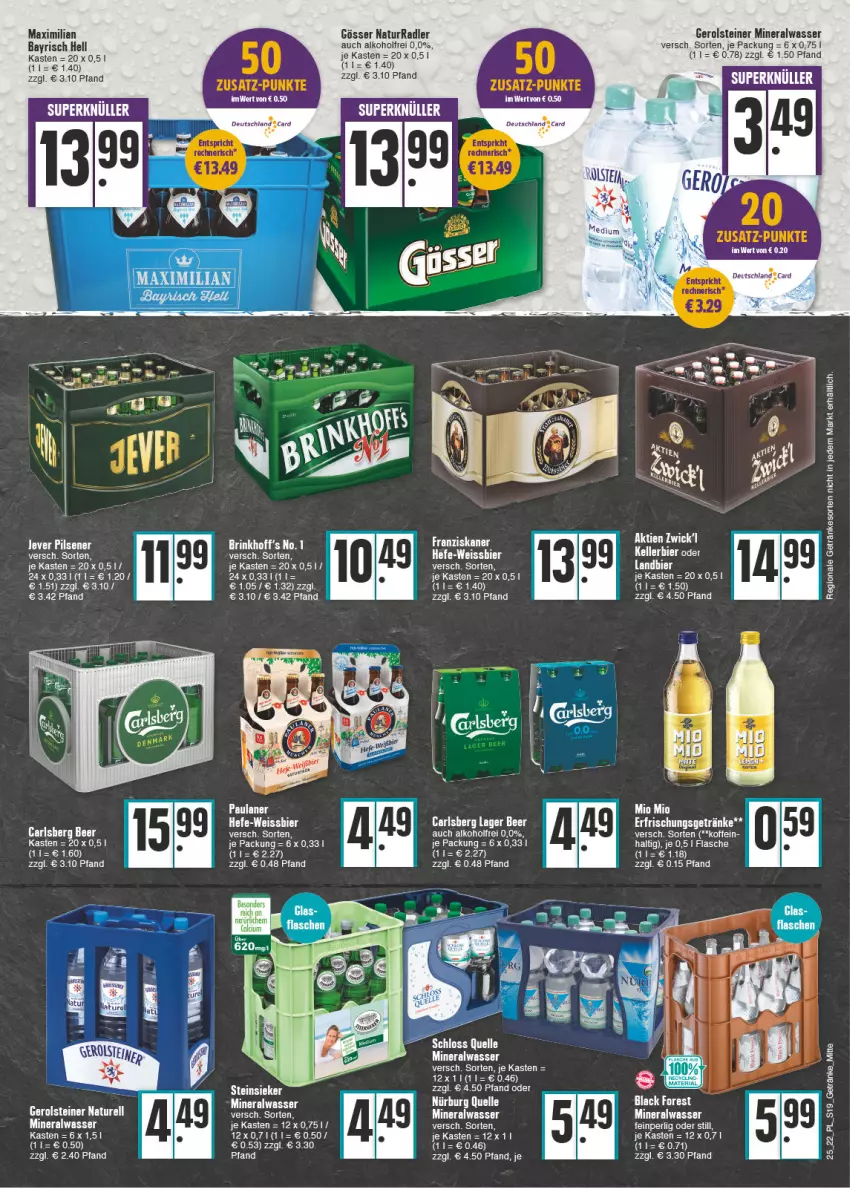 Aktueller Prospekt E Center - Angebote der Woche - von 20.06 bis 25.06.2022 - strona 19 - produkty: alkohol, Alwa, bier, carlsberg, carlsberg beer, deutschland card, eis, elle, erfrischungsgetränk, erfrischungsgetränke, flasche, gerolsteine, gerolsteiner, getränk, getränke, gösser, Hefe, jever, jever pilsener, mineralwasser, Mio Mio, natur, Paula, paulaner, pils, pilsener, radler, rel, steiner, Steinsieker, tee, Ti, wasser, weissbier