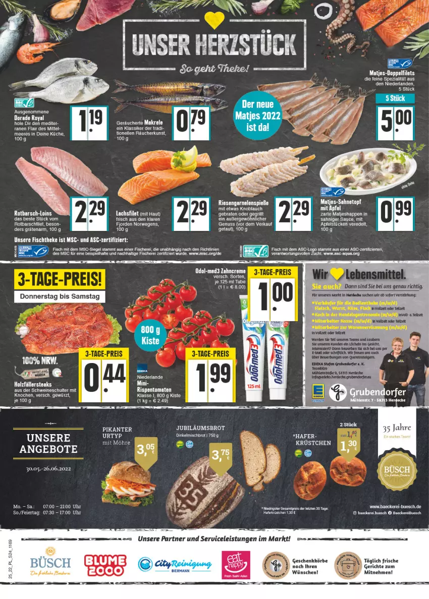 Aktueller Prospekt E Center - Angebote der Woche - von 20.06 bis 25.06.2022 - strona 24 - produkty: apfel, aqua, braten, brot, creme, decke, deka, Dorade, dorade royal, eis, elle, erde, filet, filets, fisch, fische, Fischer, garnelen, grill, Jubiläums, knoblauch, lachs, lachsfilet, lebensmittel, Makrele, matjes, nuss, Odol, rel, riesengarnelen, rispentomaten, Rotbarsch, rotbarschfilet, rwe, sauce, Schere, schwein, schweine, tee, Ti, tomate, tomaten, wein, weine, zahncreme