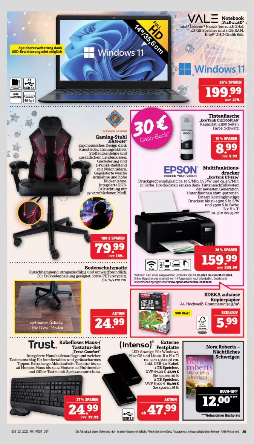 Aktueller Prospekt Marktkauf - Prospekt - von 24.12 bis 30.12.2023 - strona 39 - produkty: akku, ball, beleuchtung, celeron, cin, deka, eis, epson, flasche, Intel, kissen, kopierpapier, mac, Maus, notebook, office, papier, reis, rückenlehne, rwe, ssd, stuhl, Tastatur, Ti, uhd, usb, wasser