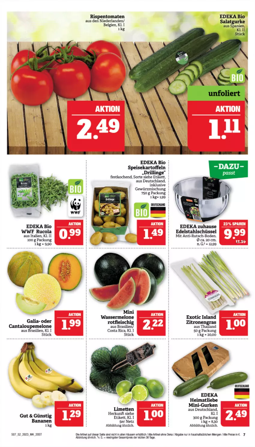 Aktueller Prospekt Marktkauf - Prospekt - von 24.12 bis 30.12.2023 - strona 7 - produkty: banane, bananen, bio, cola, deka, edeka bio, edelstahl, eis, fleisch, gewürz, Gewürzmischung, gurke, gurken, LG, limette, limetten, melone, Mett, metten, mini-gurken, reis, rispentomaten, rucola, schüssel, Ti, tomate, tomaten, wasser, wassermelone, zitrone, zitronen, ZTE