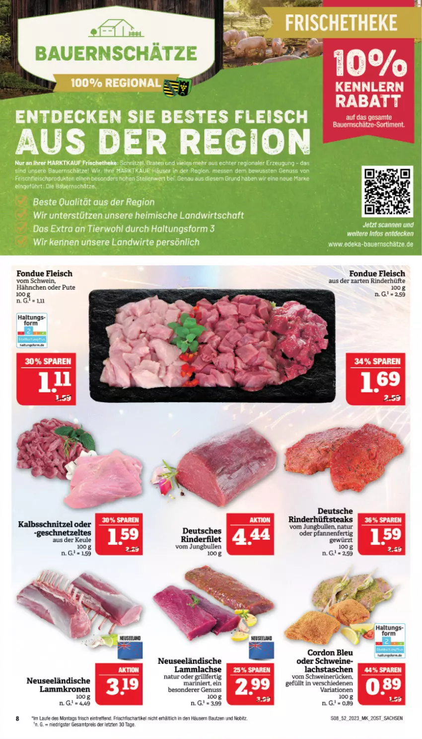 Aktueller Prospekt Marktkauf - Prospekt - von 24.12 bis 30.12.2023 - strona 8 - produkty: auer, Bau, Bauer, cordon bleu, eis, filet, fisch, fleisch, Fondue, frischfisch, geschnetzeltes, gewürz, grill, hüftsteak, hüftsteaks, jungbullen, kalbsschnitzel, krone, lachs, lamm, Lammkrone, lammlachse, natur, nuss, pfanne, pfannen, pute, reis, Ria, rind, rinder, rinderfilet, Rinderhüfte, sac, schnitzel, schwein, schweine, schweinerücken, steak, steaks, Tasche, taschen, Ti, wein, weine, Zelt, ZTE