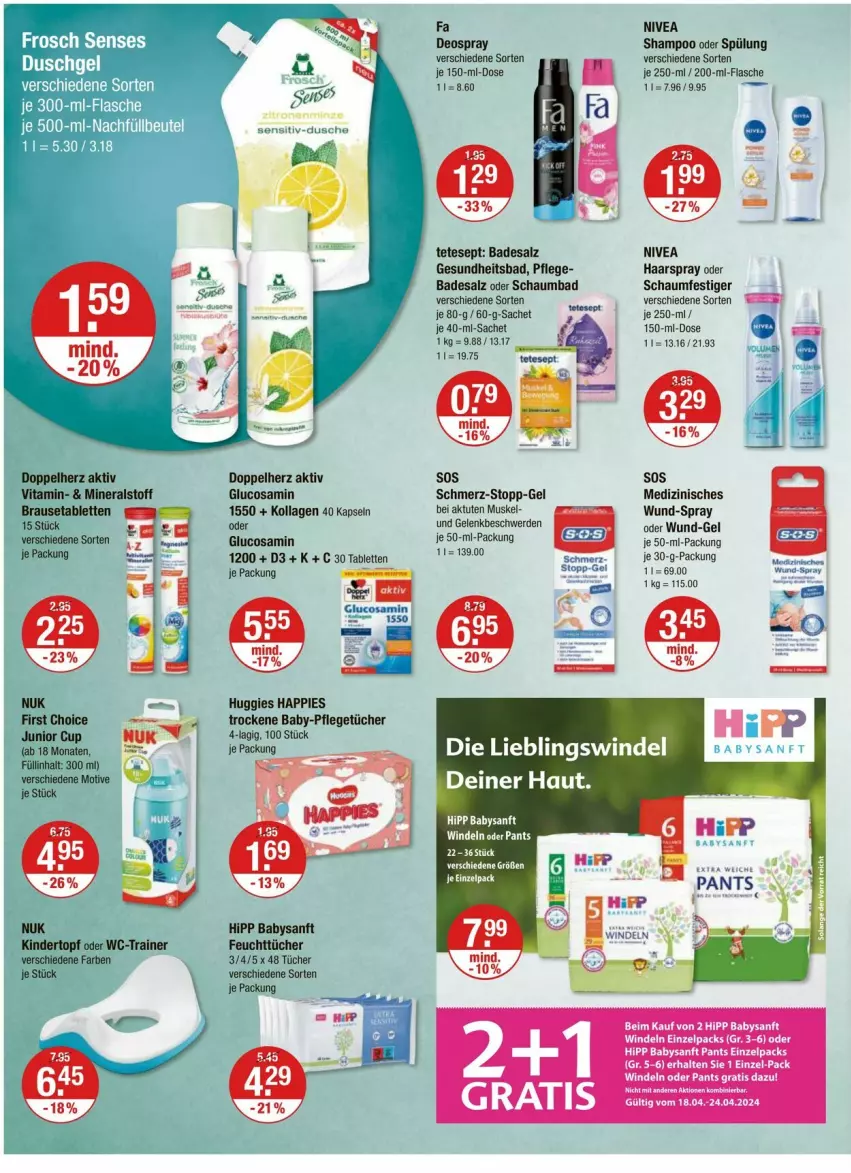 Aktueller Prospekt Vmarkt - Prospekte - von 18.04 bis 24.04.2024 - strona 10 - produkty: Bad, brut, deo, deospray, doppelherz, erde, feuchttücher, flasche, Gesundheit, Glucosamin, gsw, haarspray, hipp, Huggies, Kinder, Kollagen, nivea, Pants, papier, sac, salz, schaumbad, schaumfestiger, shampoo, shampoo oder spülung, spülung, tablet, tablett, Tablette, Ti, topf, tücher, vita, windeln, windeln oder pants