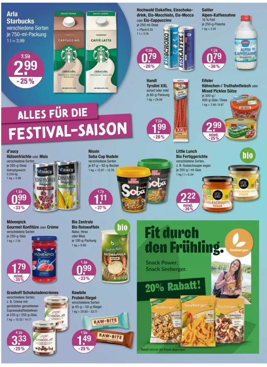 Aktueller Prospekt Vmarkt - Prospekte - von 18.04 bis 24.04.2024 - strona 12 - produkty: ACC, arla, Becher, bier, bio, bohne, bohnen, Cap, cappuccino, chia, cin, creme, drink, eis, eiskaffee, eiswaffeln, espresso, fertiggericht, fertiggerichte, flasche, fleisch, früchte, gulasch, Gulaschsuppe, hochwald, hülsenfrüchte, kaffee, kaffeebohnen, konfitüre, mac, macchiato, mais, Mixed Pickles, mövenpick, natur, Nissin, nudel, nudeln, reis, Reiswaffeln, riegel, sahne, saliter, schoko, schokolade, schokoladen, senf, suppe, Ti, truthahn, waffeln