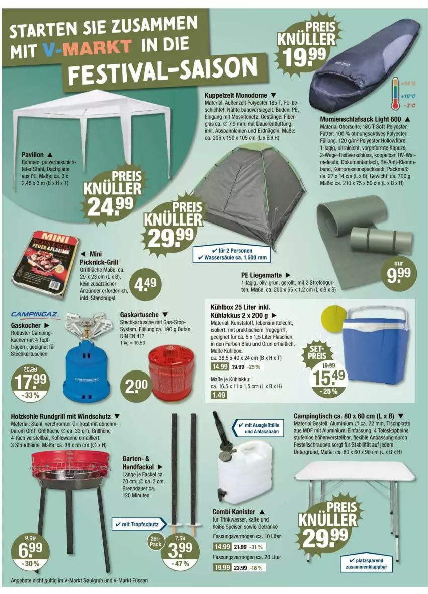 Aktueller Prospekt Vmarkt - Prospekte - von 18.04 bis 24.04.2024 - strona 14 - produkty: akku, angebot, angebote, anzünder, auer, bügel, campingaz, Campingtisch, eis, ente, flasche, Garten, getränk, getränke, grill, grillfläche, grillrost, Holz, holzkohle, HP, Kocher, kühlakku, kühlakkus, kühlbox, Kuppelzelt, latte, lebensmittel, leine, LG, Liege, moskitonetz, pavillon, Ria, rundgrill, sac, schlafsack, schrauben, Teleskop, Ti, tisch, tischplatte, topf, tragegriff, Wanne, wasser, Windschutz, Zelt