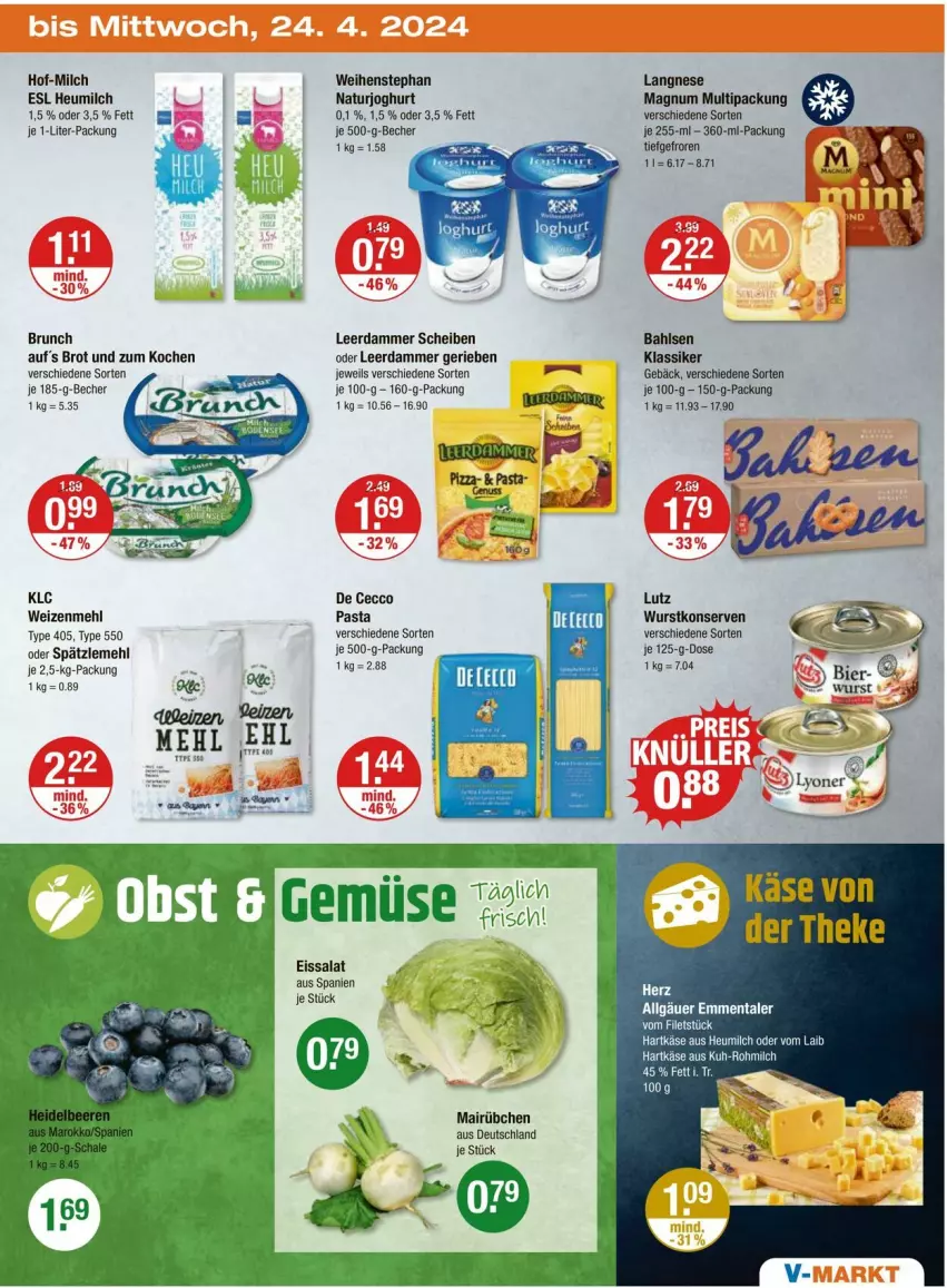 Aktueller Prospekt Vmarkt - Prospekte - von 18.04 bis 24.04.2024 - strona 23 - produkty: bahlsen, Becher, bier, brot, ecco, eis, emmentaler, hartkäse, Heu, heumilch, joghur, joghurt, Käse, Konserven, langnese, leerdammer, LG, magnum, mehl, milch, natur, naturjoghurt, pasta, salat, Spätzlemehl, Ti, type 405, weihenstephan, wein, weine, weizenmehl, wurst, wurstkonserven, Yo