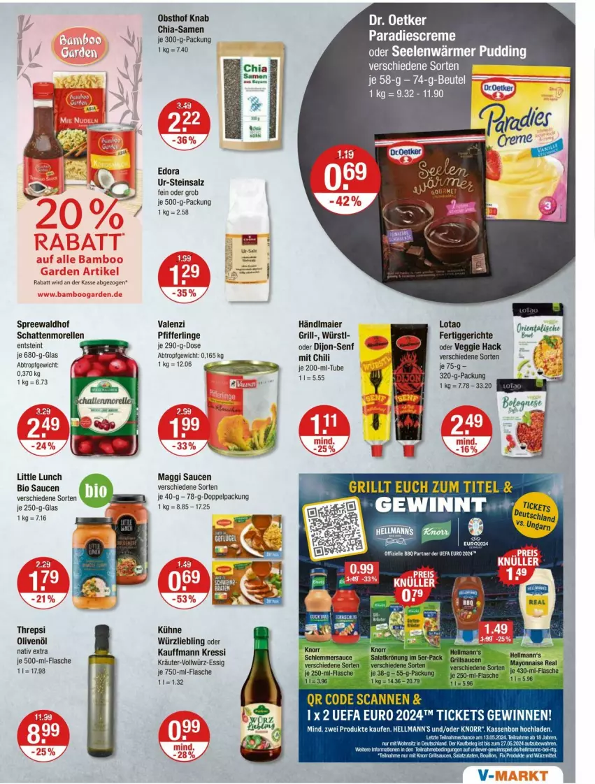 Aktueller Prospekt Vmarkt - Prospekte - von 18.04 bis 24.04.2024 - strona 7 - produkty: bio, brut, chia, chili, creme, dijon-senf, elle, essig, fertiggericht, fertiggerichte, flasche, grill, knorr, kräuter, kressi, Kühne, maggi, morellen, obst, olive, oliven, olivenöl, Pfifferlinge, pudding, rel, sauce, saucen, schattenmorellen, senf, spreewaldhof, Ti, veggie